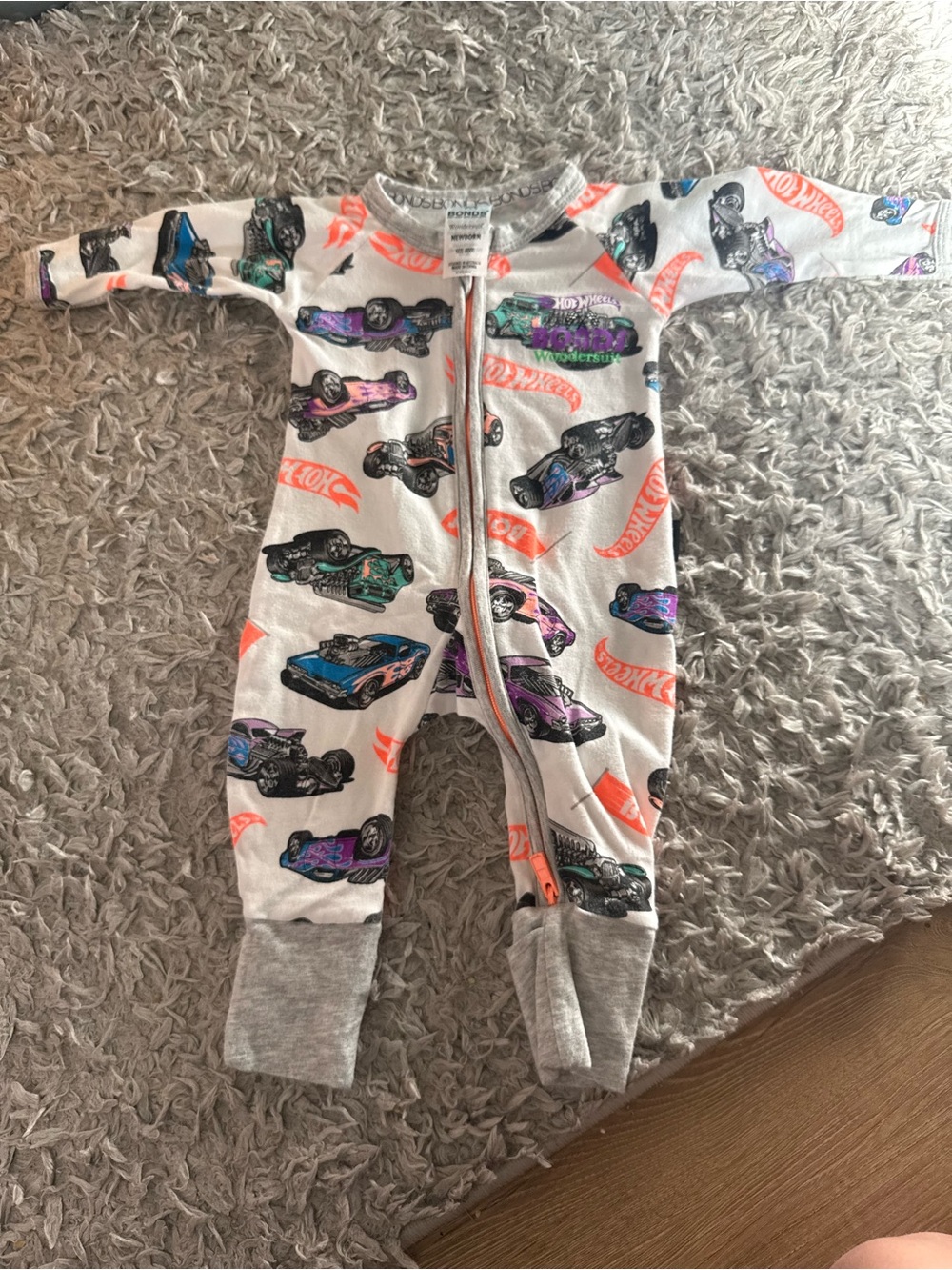Bonds White Hot Wheels Car-Print Zip Footie with Gray Cuffs